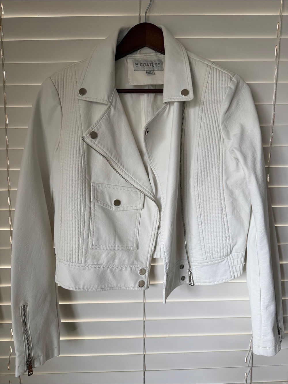 B.Couture Women's White faux Leather Moto Jacket